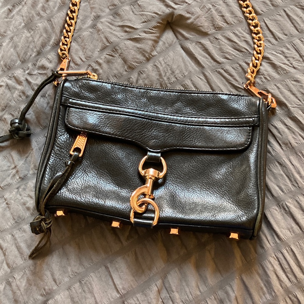 Rebecca Minkoff Black Leather Crossbody with Gold Chain